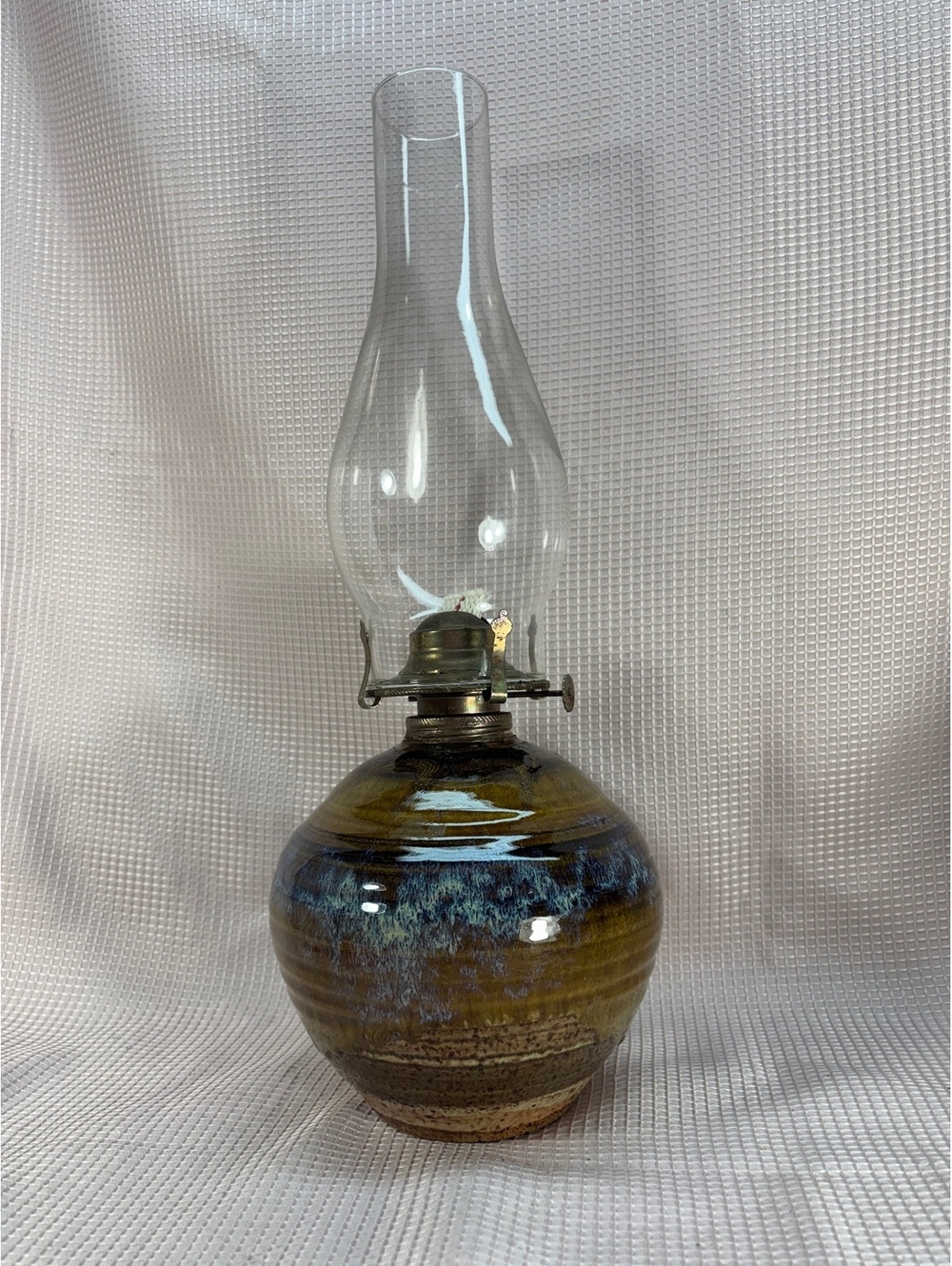 9 - handcrafted pottery oil lamp base a brown and blue drip glaze glass chimney